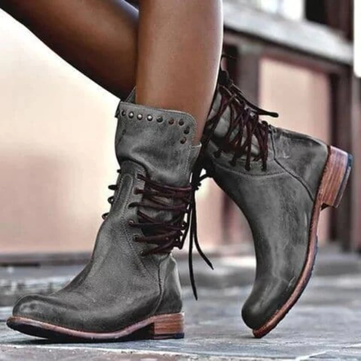 JOAN | VINTAGE LACE-UP STUDDED MID-CALF BOOTS