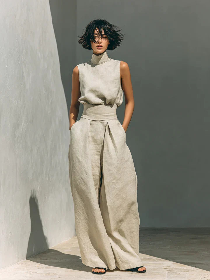 FLOR | MINIMALIST WOMEN’S TWO-PIECE SET WITH SLEEVELESS BLOUSE AND WIDE-LEG COTTON-LINEN TROUSERS