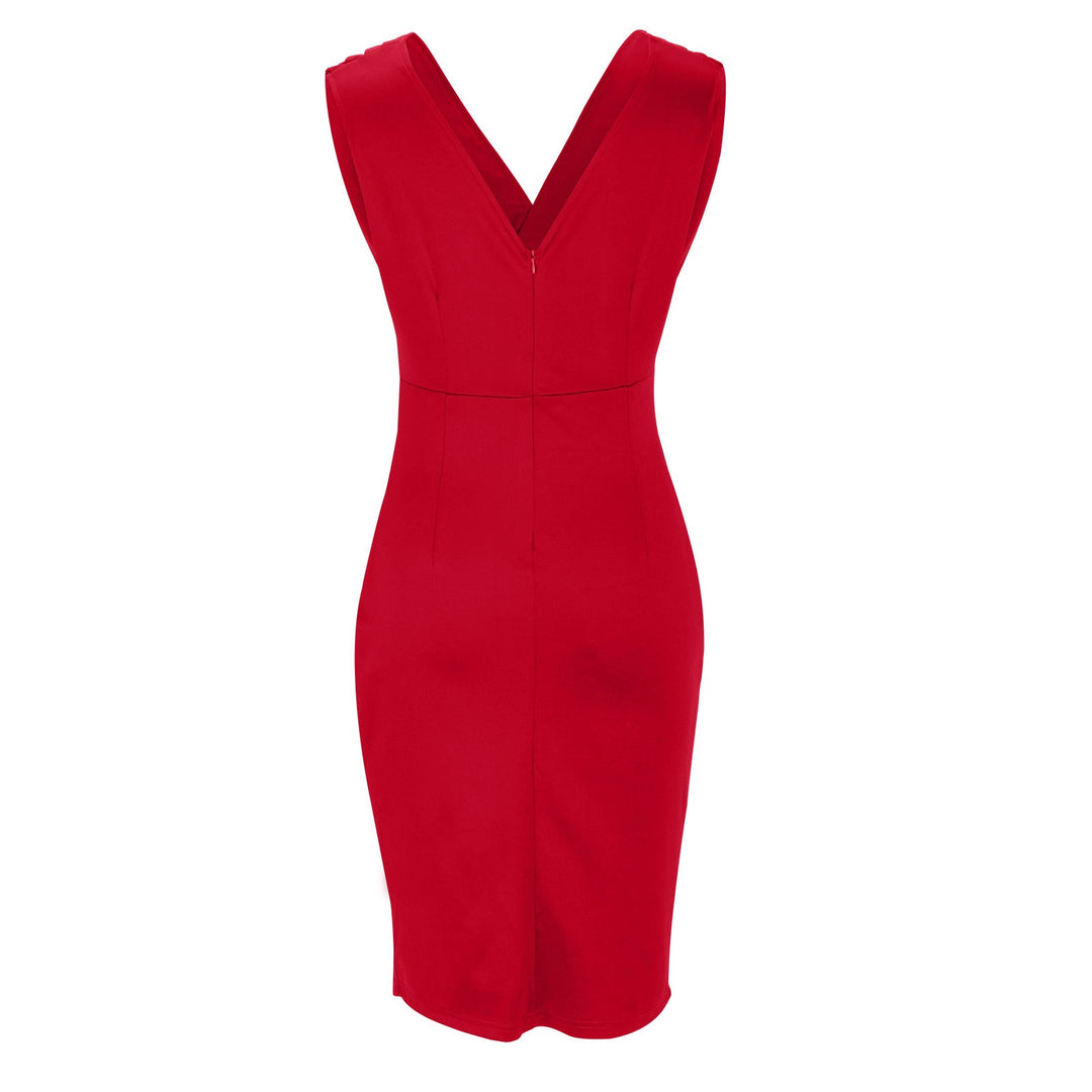 LORETTA | SLEEVELESS V-NECK RUCHED MIDI DRESS WITH SLIT