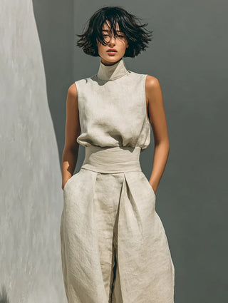 FLOR | MINIMALIST WOMEN’S TWO-PIECE SET WITH SLEEVELESS BLOUSE AND WIDE-LEG COTTON-LINEN TROUSERS