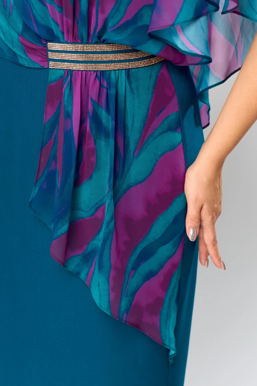 LEONORA | PRINTED CAPE OVERLAY BELTED MIDI DRESS