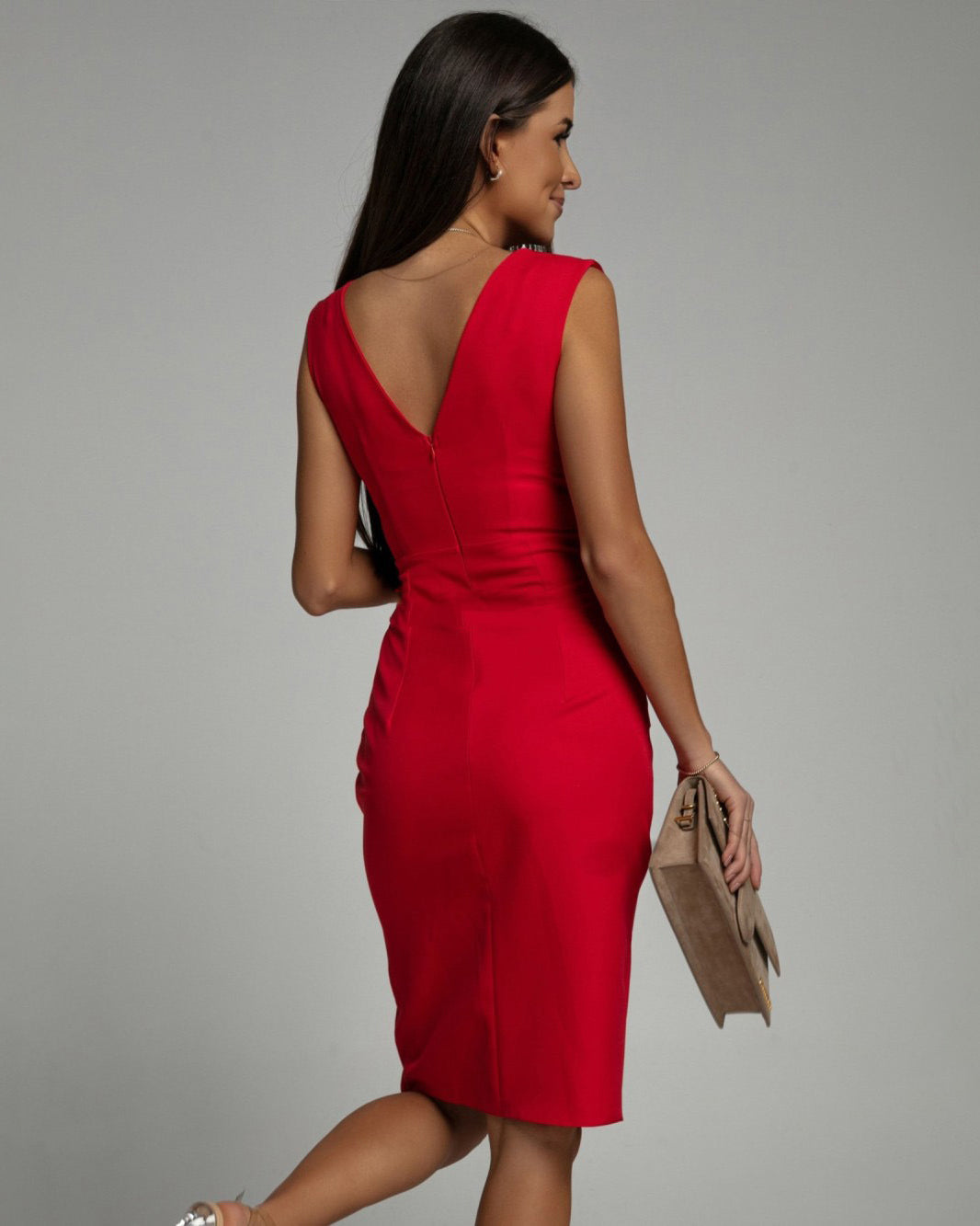 LORETTA | SLEEVELESS V-NECK RUCHED MIDI DRESS WITH SLIT