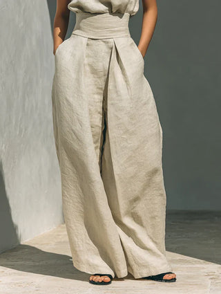 FLOR | MINIMALIST WOMEN’S TWO-PIECE SET WITH SLEEVELESS BLOUSE AND WIDE-LEG COTTON-LINEN TROUSERS