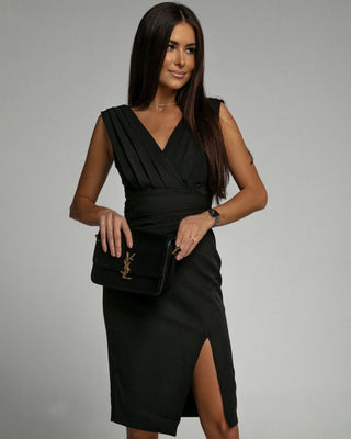 LORETTA | SLEEVELESS V-NECK RUCHED MIDI DRESS WITH SLIT
