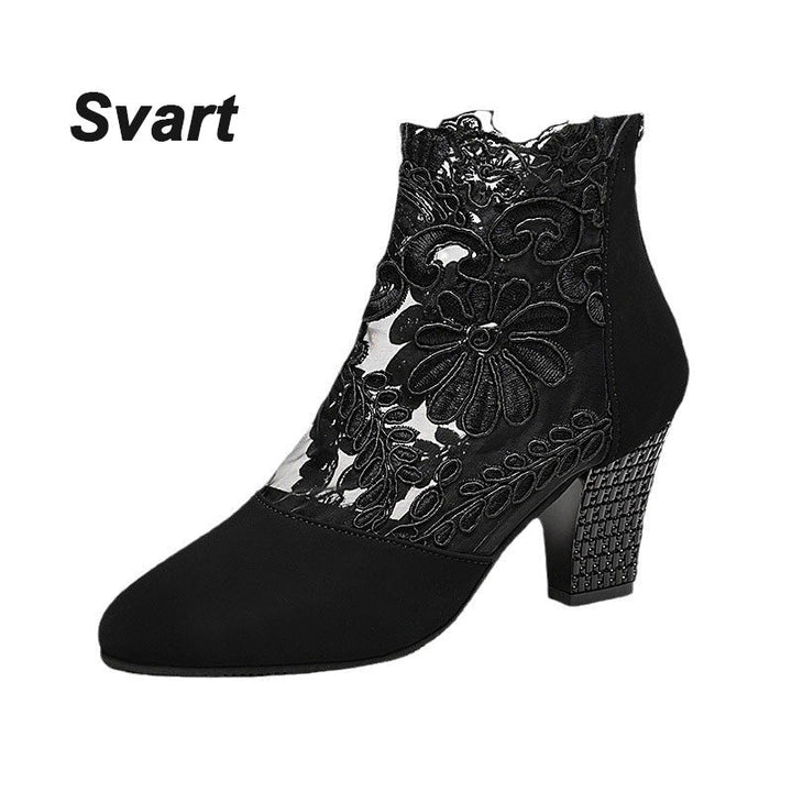 MARILYN | LACE EMBROIDERED BLOCK HEEL ANKLE BOOTS