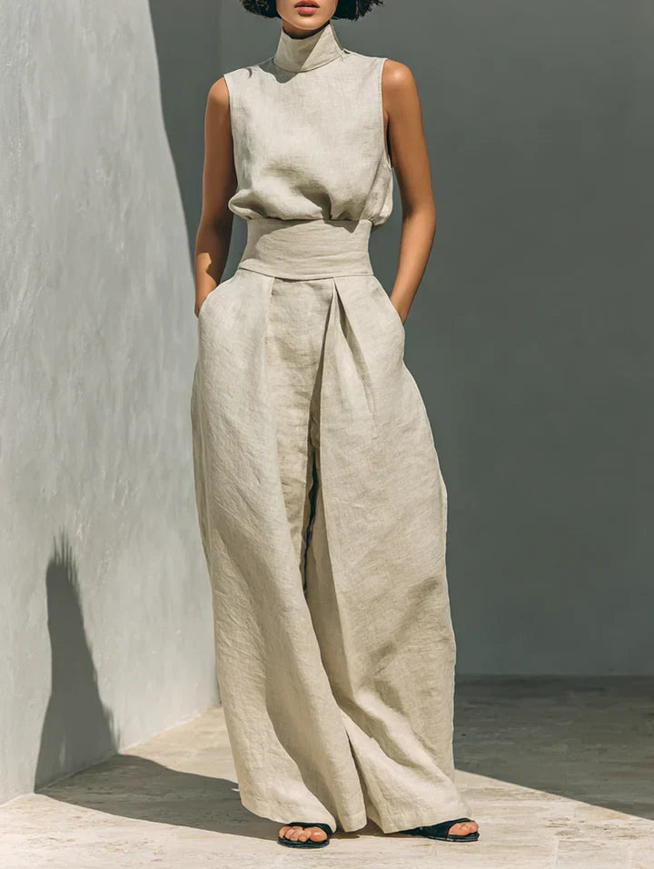 FLOR | MINIMALIST WOMEN’S TWO-PIECE SET WITH SLEEVELESS BLOUSE AND WIDE-LEG COTTON-LINEN TROUSERS