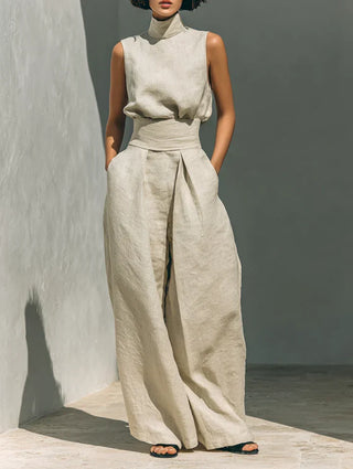 FLOR | MINIMALIST WOMEN’S TWO-PIECE SET WITH SLEEVELESS BLOUSE AND WIDE-LEG COTTON-LINEN TROUSERS