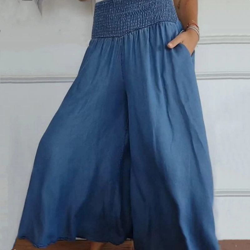 BLYTHE | WIDE-LEG HIGH-WAIST SMOCKED DENIM TROUSERS