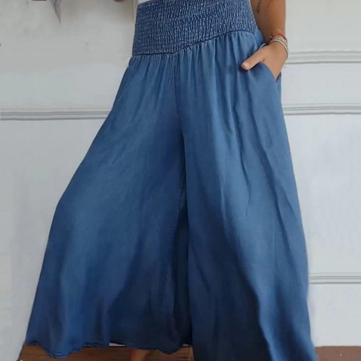 BLYTHE | WIDE-LEG HIGH-WAIST SMOCKED DENIM TROUSERS