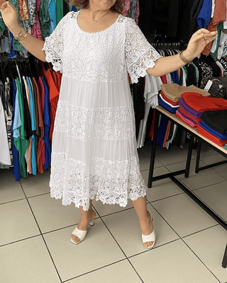 ANABEL | WHITE LACE TIERED MIDI DRESS