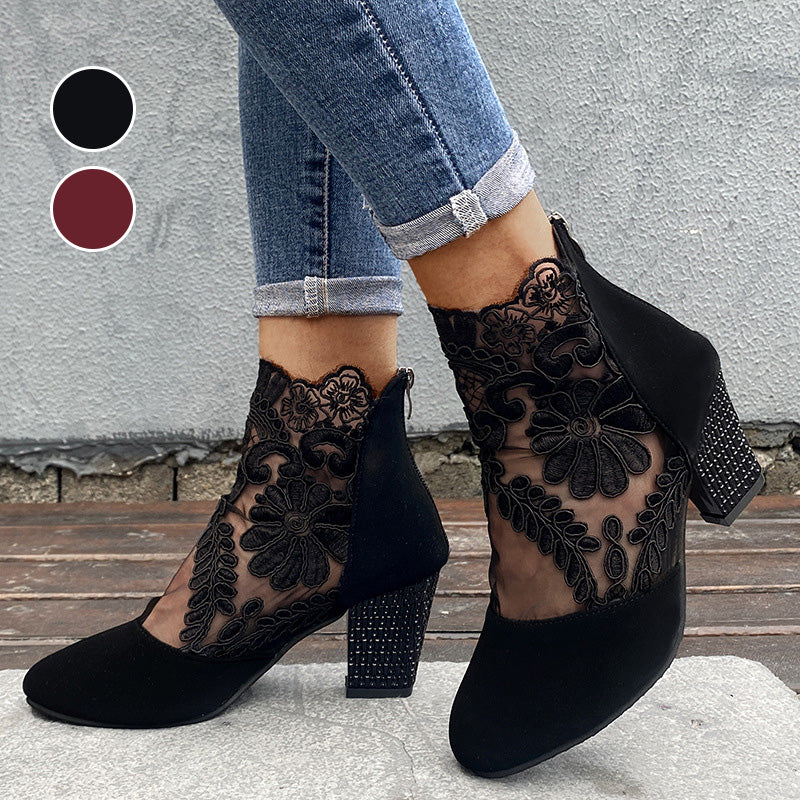 MARILYN | LACE EMBROIDERED BLOCK HEEL ANKLE BOOTS