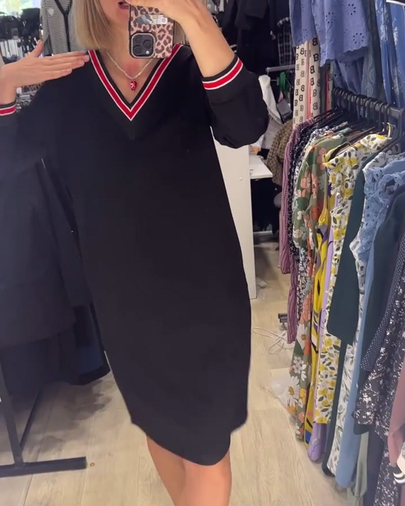 WANDA | SPORTY STRIPE TRIM V-NECK DRESS WITH POCKETS