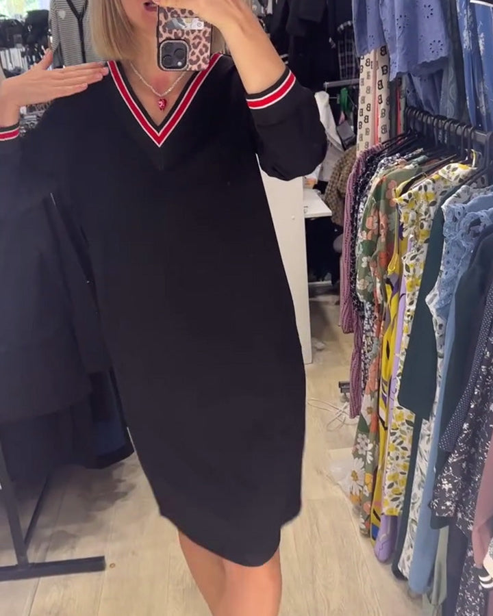 WANDA | SPORTY STRIPE TRIM V-NECK DRESS WITH POCKETS