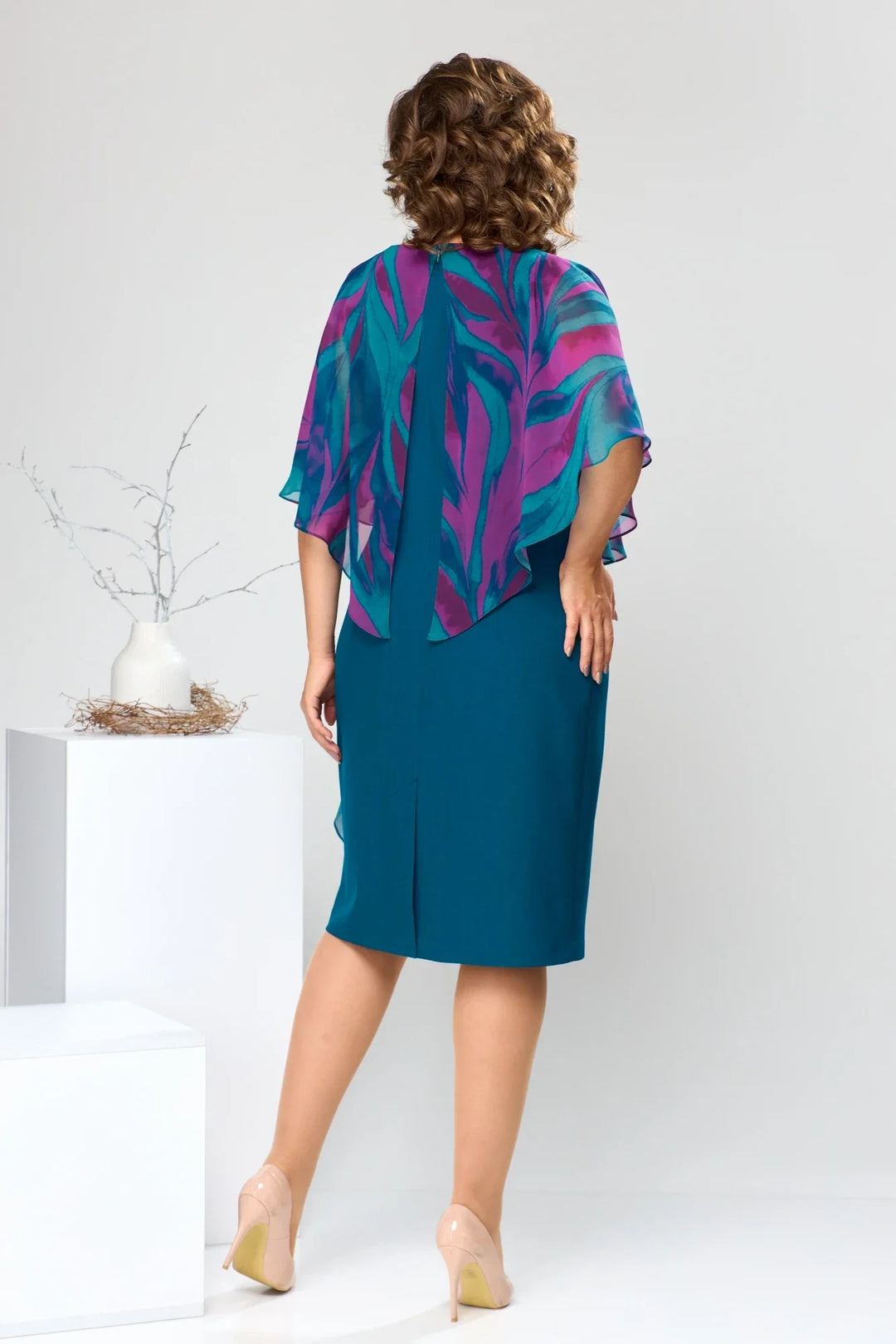 LEONORA | PRINTED CAPE OVERLAY BELTED MIDI DRESS