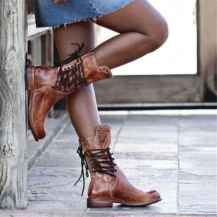 JOAN | VINTAGE LACE-UP STUDDED MID-CALF BOOTS