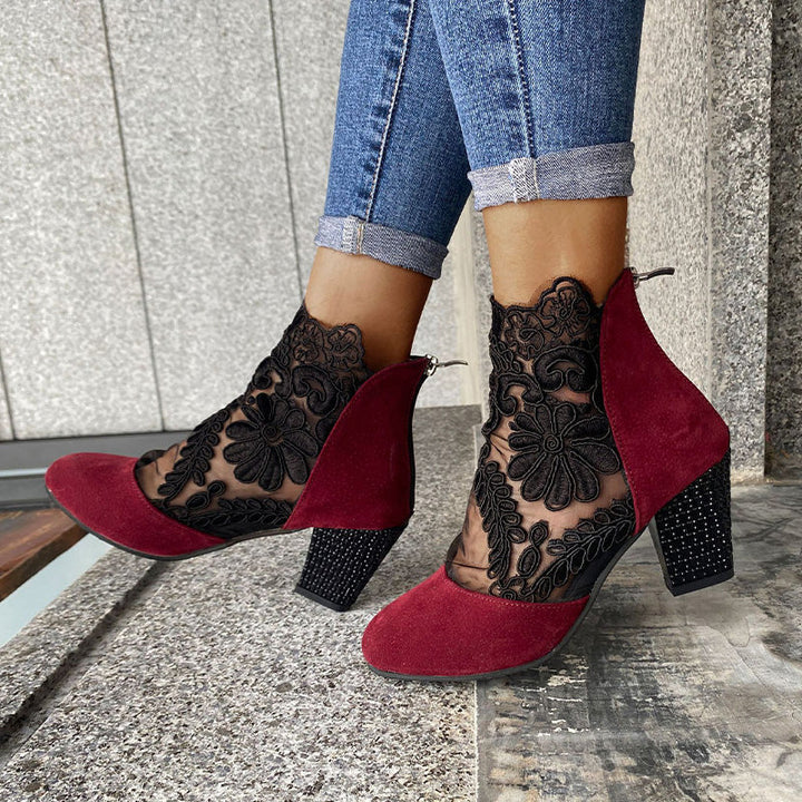 MARILYN | LACE EMBROIDERED BLOCK HEEL ANKLE BOOTS