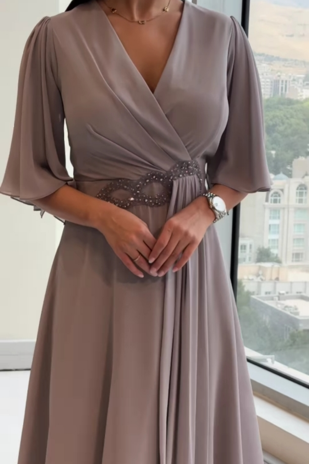 MARGUERITE | ELEGANT LONG V-NECK CHIFFON DRESS