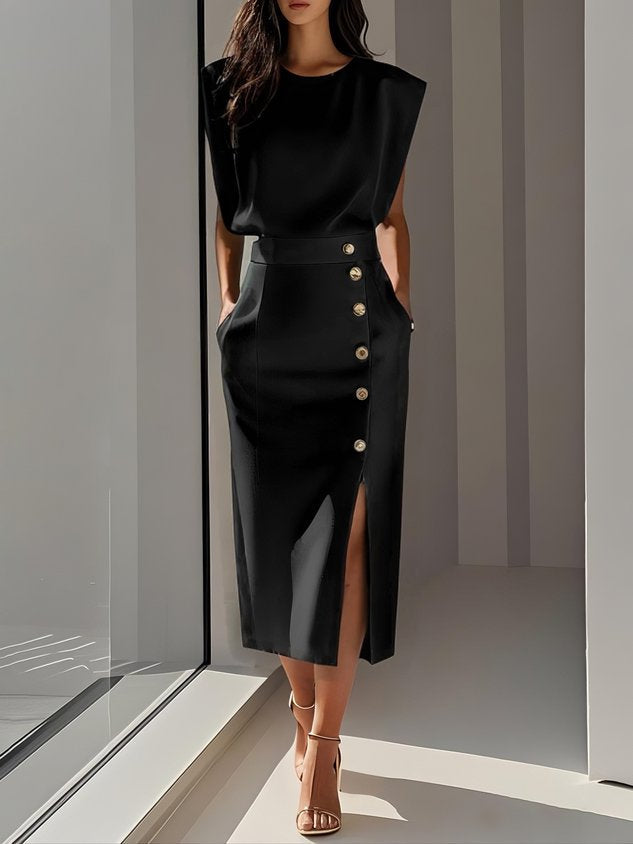 GENEVIEVE | PADDED SHOULDER BUTTON DETAIL MIDI DRESS WITH SLIT