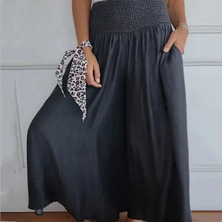 BLYTHE | WIDE-LEG HIGH-WAIST SMOCKED DENIM TROUSERS
