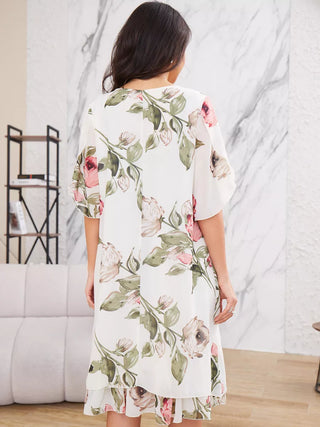 LEANNE | FLORAL CHIFFON SHORT SLEEVE DRESS WITH RUFFLE HEM