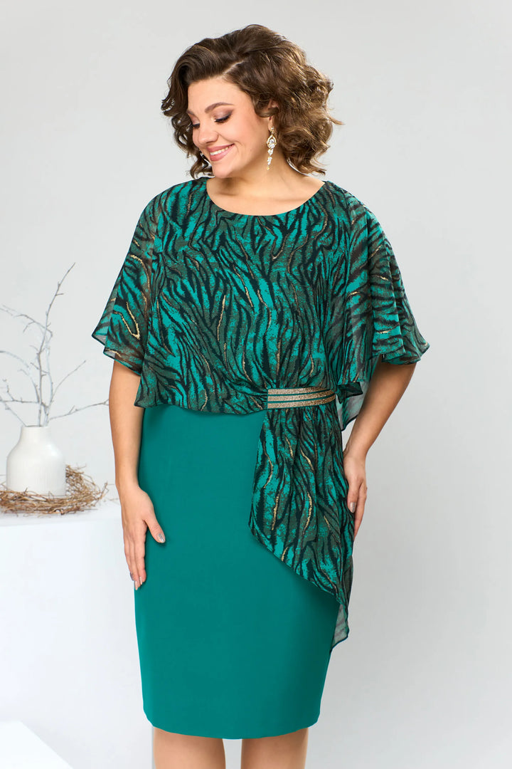 LEONORA | PRINTED CAPE OVERLAY BELTED MIDI DRESS