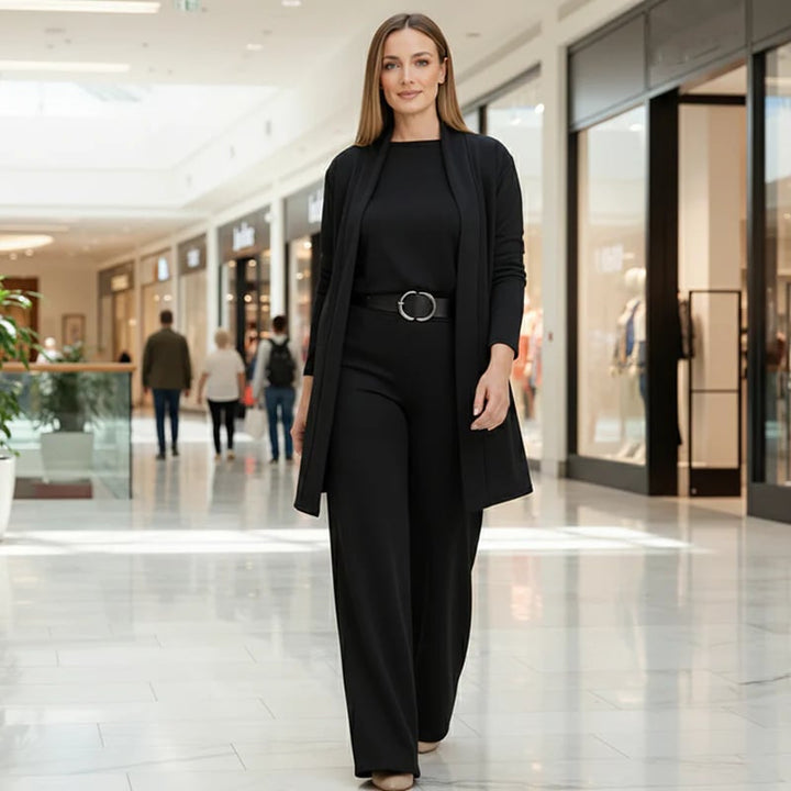 ROSEMARY | ELEGANT THREE-PIECE CARDIGAN, TOP & WIDE-LEG TROUSER SET