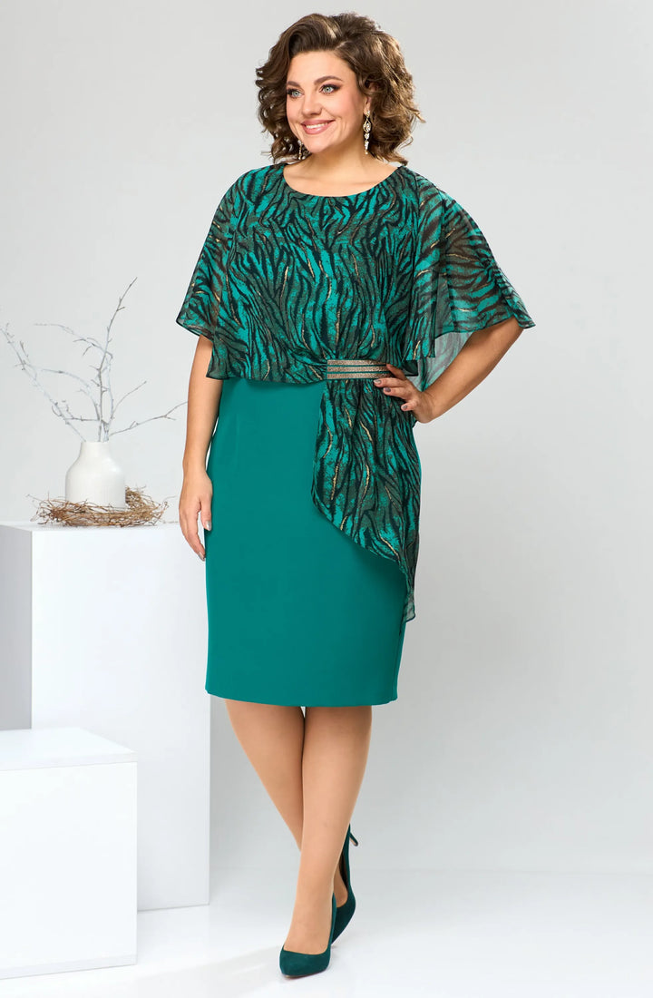 LEONORA | PRINTED CAPE OVERLAY BELTED MIDI DRESS
