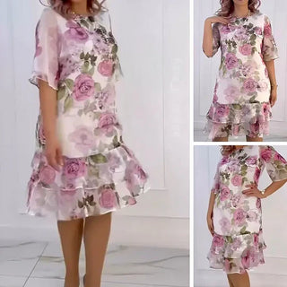 CLARISSA | FLORAL ROSE PRINT SHORT-SLEEVE TIERED MIDI DRESS
