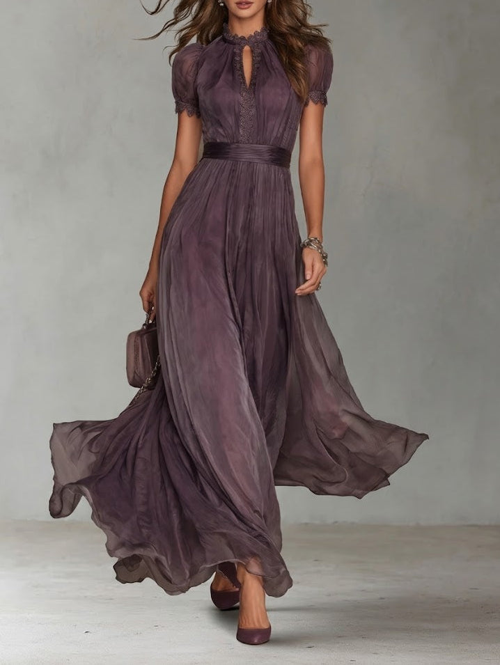 SOPHIE | LONG PURPLE DROP-NECK DRESS WITH CHIFFON LACE TRIM
