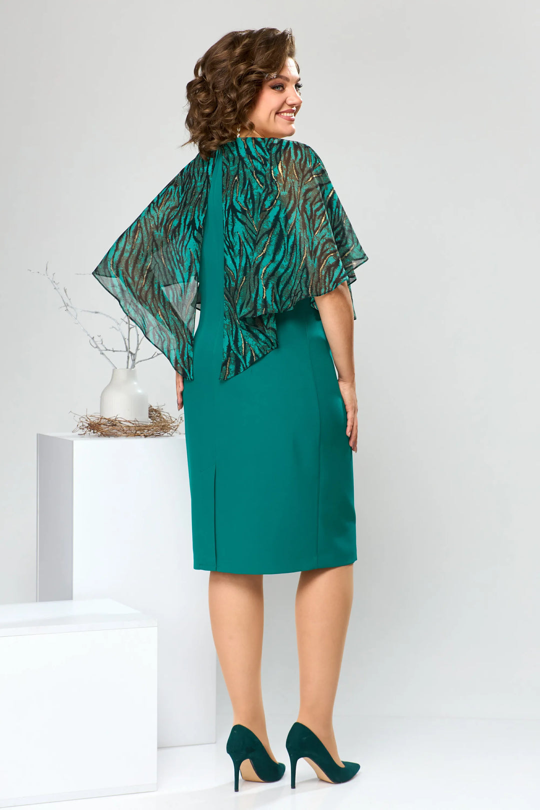 LEONORA | PRINTED CAPE OVERLAY BELTED MIDI DRESS