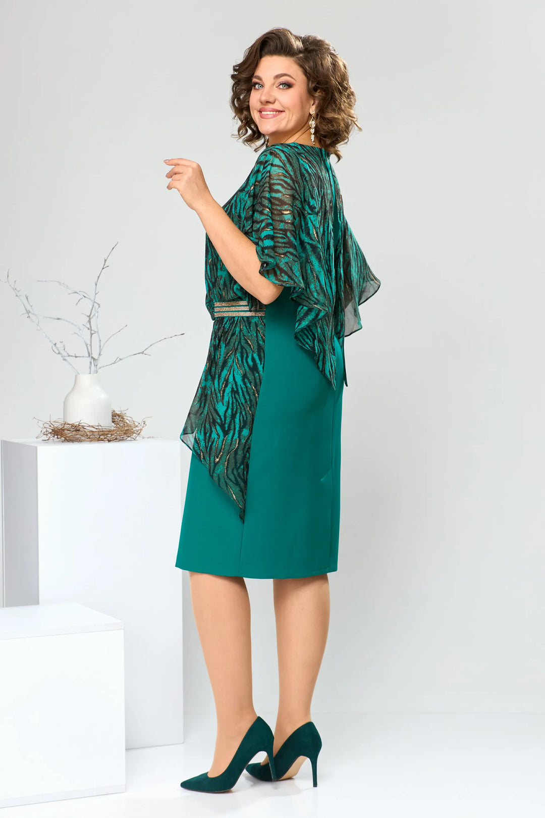 LEONORA | PRINTED CAPE OVERLAY BELTED MIDI DRESS