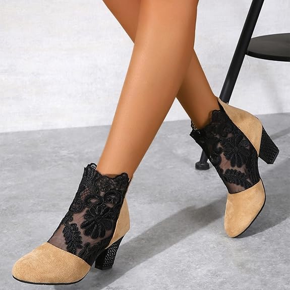 MARILYN | LACE EMBROIDERED BLOCK HEEL ANKLE BOOTS