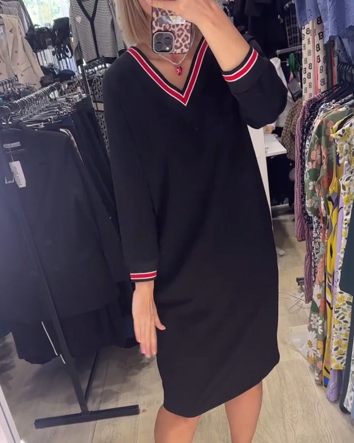 WANDA | SPORTY STRIPE TRIM V-NECK DRESS WITH POCKETS
