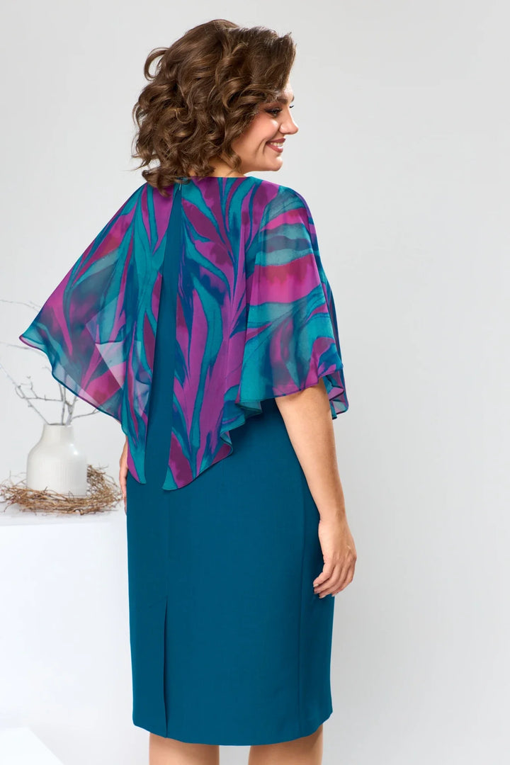 LEONORA | PRINTED CAPE OVERLAY BELTED MIDI DRESS