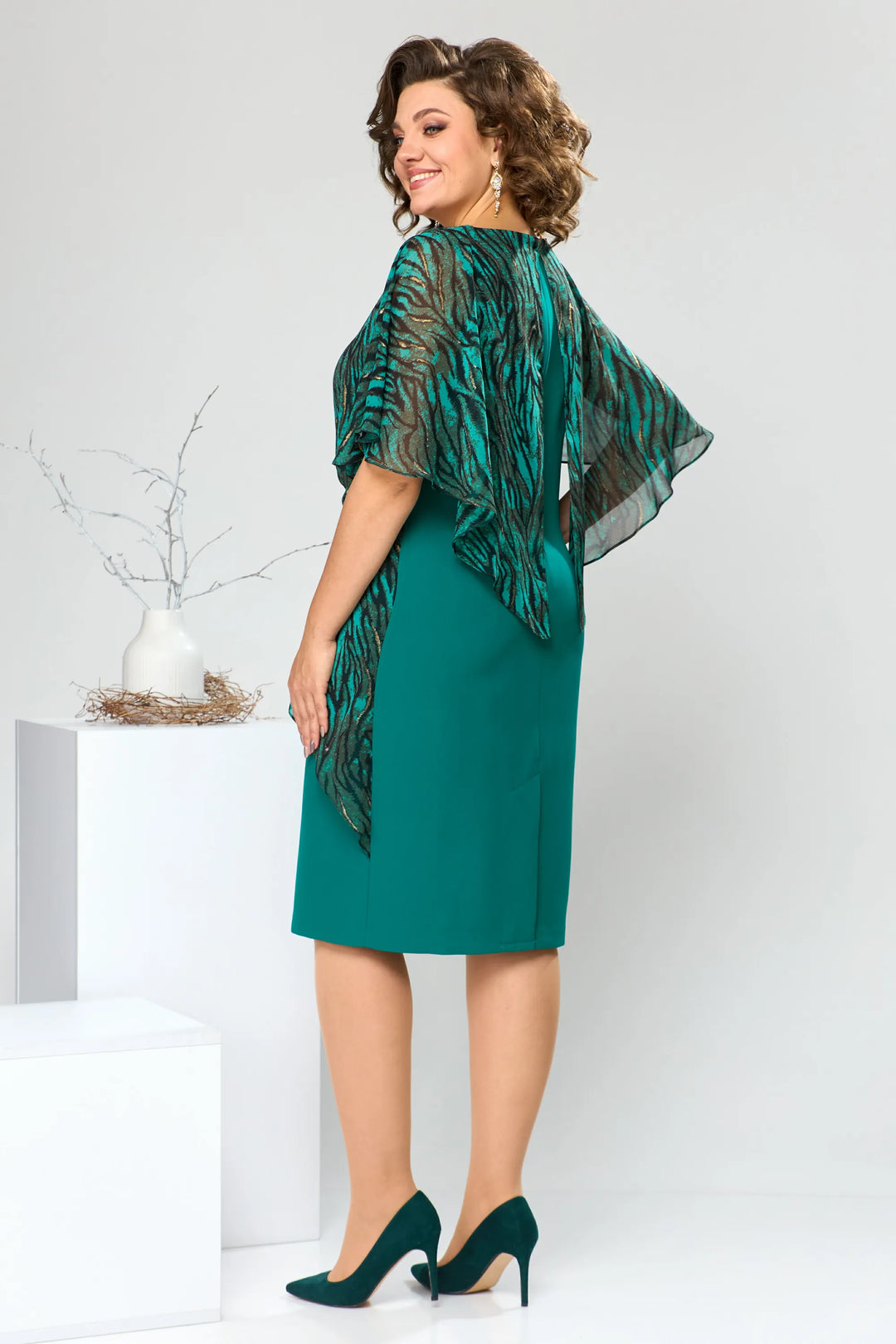 LEONORA | PRINTED CAPE OVERLAY BELTED MIDI DRESS