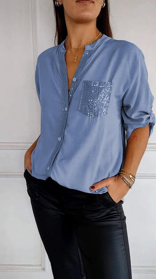 VERITY | SEQUIN TRIM BUTTON-UP SHIRT