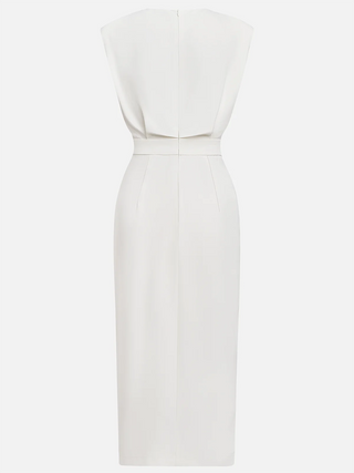 GENEVIEVE | PADDED SHOULDER BUTTON DETAIL MIDI DRESS WITH SLIT