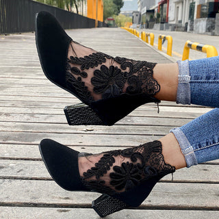 MARILYN | LACE EMBROIDERED BLOCK HEEL ANKLE BOOTS