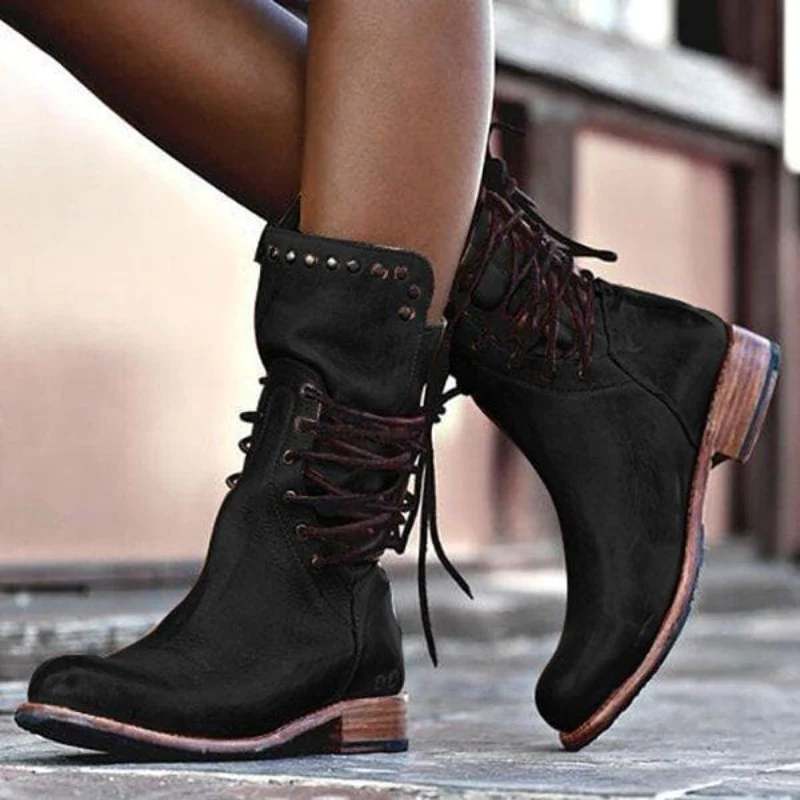 JOAN | VINTAGE LACE-UP STUDDED MID-CALF BOOTS