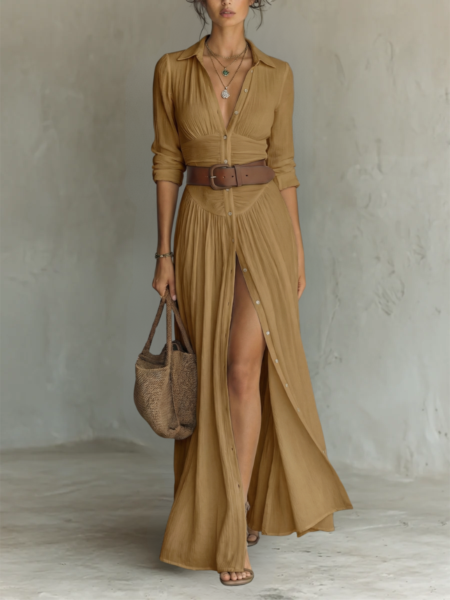 NORMA | LONG MAXI DRESS WITH NOTCHED COLLAR & LONG SLEEVES