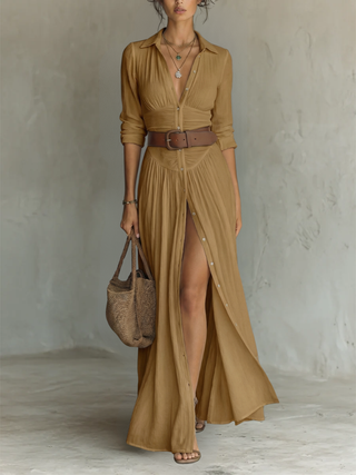 NORMA | LONG MAXI DRESS WITH NOTCHED COLLAR & LONG SLEEVES