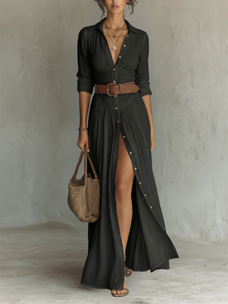 NORMA | LONG MAXI DRESS WITH NOTCHED COLLAR & LONG SLEEVES