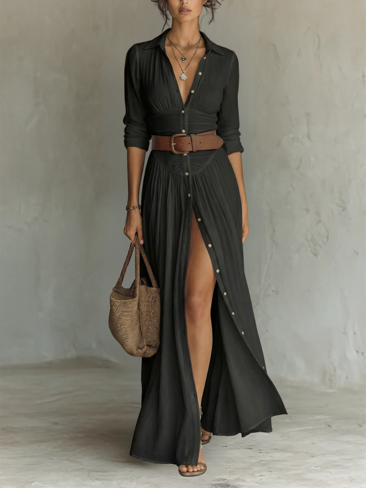 NORMA | LONG MAXI DRESS WITH NOTCHED COLLAR & LONG SLEEVES