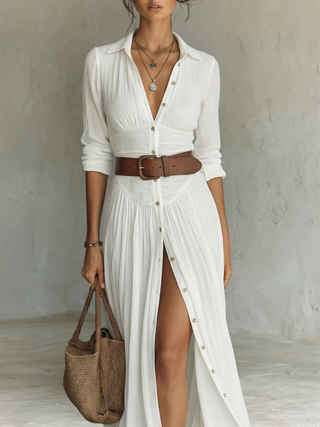 NORMA | LONG MAXI DRESS WITH NOTCHED COLLAR & LONG SLEEVES