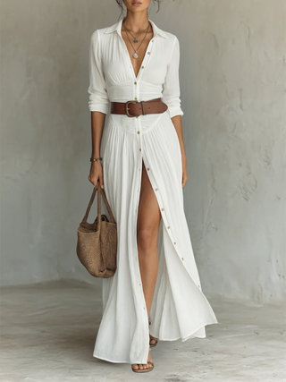 NORMA | LONG MAXI DRESS WITH NOTCHED COLLAR & LONG SLEEVES