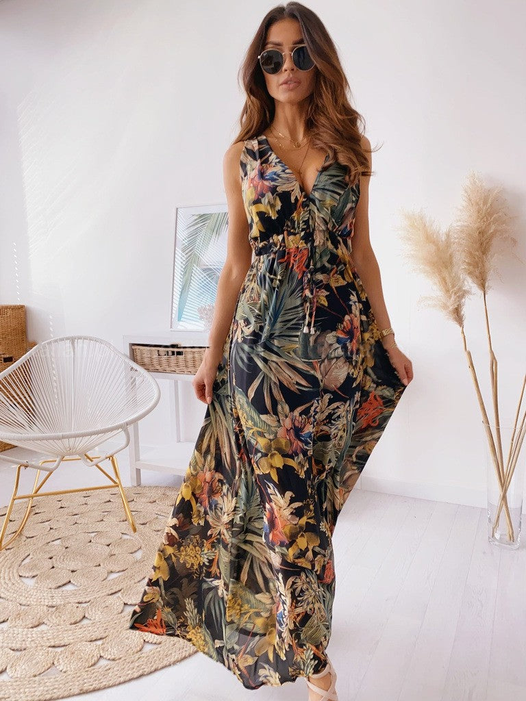 LENORA | TROPICAL PRINT V-NECK MAXI DRESS