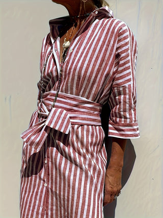 CHRISTINE | STRIPED PRINT DRESS WITH BUTTON CLOSURE AND BELT