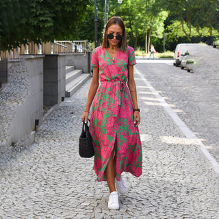 DEBORAH | SHORT-SLEEVE FLORAL WRAP MIDI DRESS