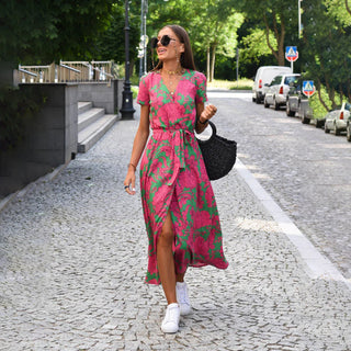 DEBORAH | SHORT-SLEEVE FLORAL WRAP MIDI DRESS