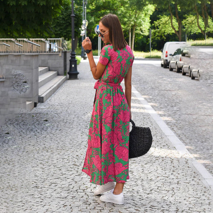 DEBORAH | SHORT-SLEEVE FLORAL WRAP MIDI DRESS